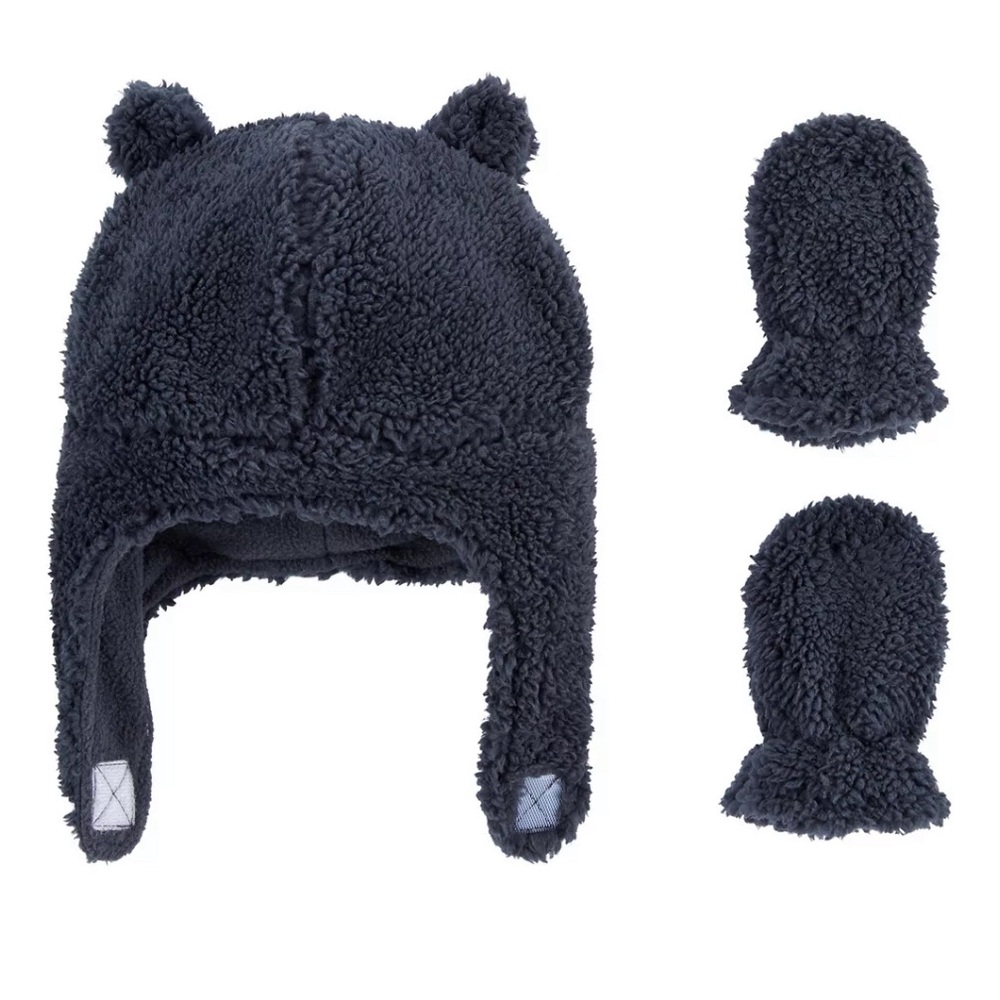 Cozy Fleece Bear Ear Hat and Mittens Set - Navy